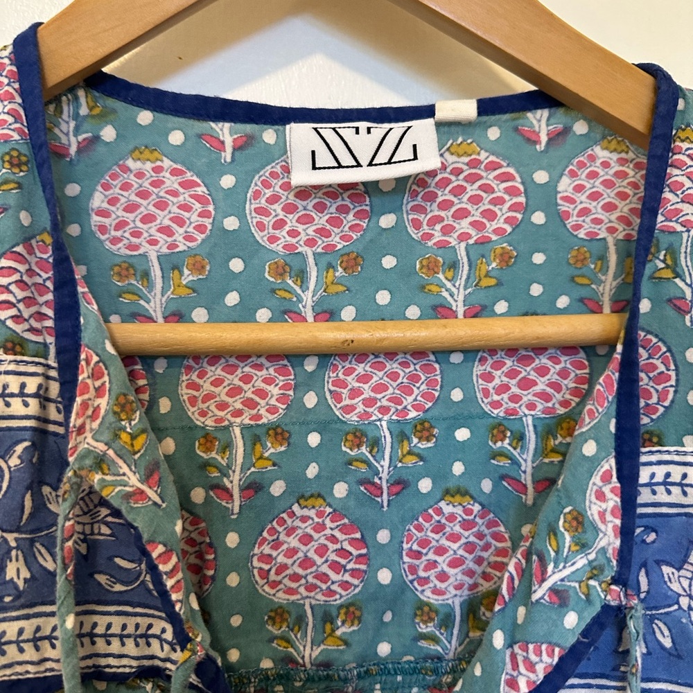 SZ Blockprint Tunic Dress/Coverup in Teal and Pink - Picture 4 of 6